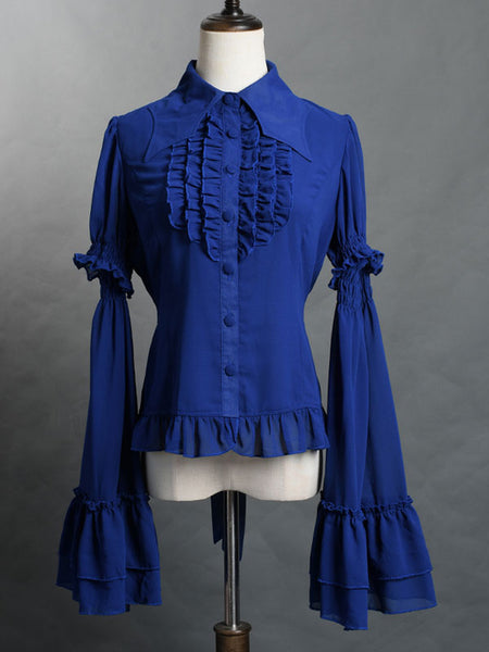 Gothic Lolita Blouses Lolita Top Ruffles Long Sleeves Blouse Blue Lolita Shirt