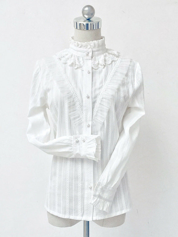 Gothic Lolita Blouses Lolita Top Ruffles Long Sleeves Blouse Stripes White Lolita Shirt