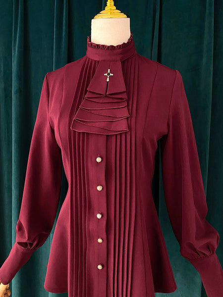 Gothic Lolita Blouses Ruffles Lolita Top Long Sleeves Blouse Burgundy Lolita Shirt