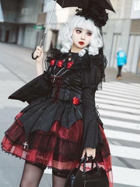 Gothic Lolita Blouses Ruffles Lace Up Short Sleeves Blouse Lolita Top Black Lolita Shirt