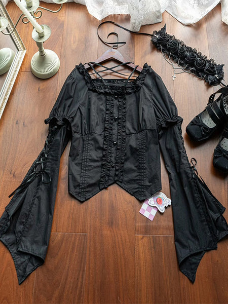 Gothic Lolita Blouses Ruffles Lace Up Short Sleeves Blouse Lolita Top Black Lolita Shirt