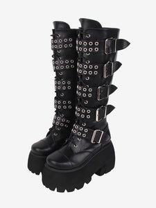 Gothic Lolita Boots PU Leather Glitter Metallic Rivets Grommets Round Toe Black Lolita Footwear