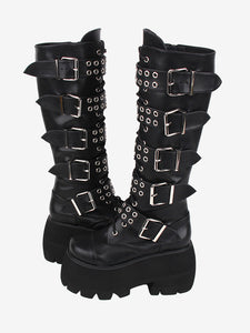 Gothic Lolita Boots PU Leather Glitter Metallic Rivets Grommets Round Toe Black Lolita Footwear