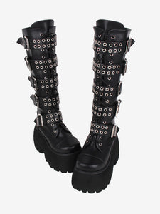 Gothic Lolita Boots PU Leather Glitter Metallic Rivets Grommets Round Toe Black Lolita Footwear