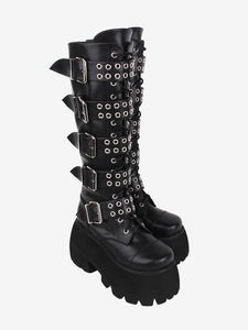 Gothic Lolita Boots PU Leather Glitter Metallic Rivets Grommets Round Toe Black Lolita Footwear