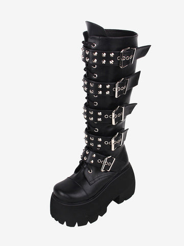 Gothic Lolita Boots PU Leather Glitter Metallic Rivets Grommets Round Toe Black Lolita Footwear