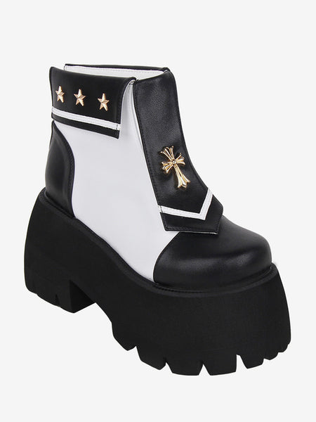 Gothic Lolita Boots PU Leather Metallic Grommets Square Toe Black Lolita Footwear