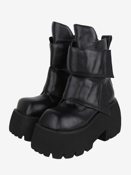 Gothic Lolita Boots PU Leather Tiered Square Toe Black Lolita Footwear