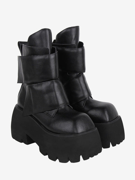 Gothic Lolita Boots PU Leather Tiered Square Toe Black Lolita Footwear