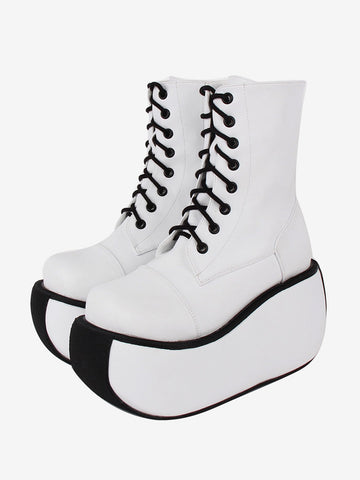 Gothic Lolita Boots PU Leather Woven Grommets Round Toe White Lolita Footwear