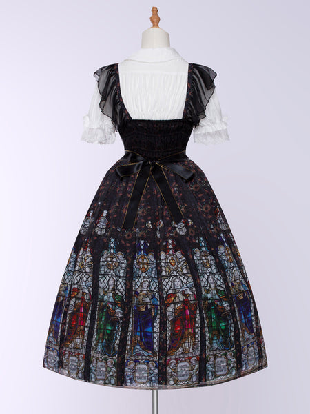 Gothic Lolita Dress Elegant Black Church Stained Window Print High Waist