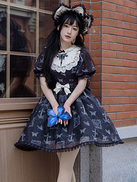 Gothic Lolita Dresses Bows Lace Butterfly Pattern Black Black