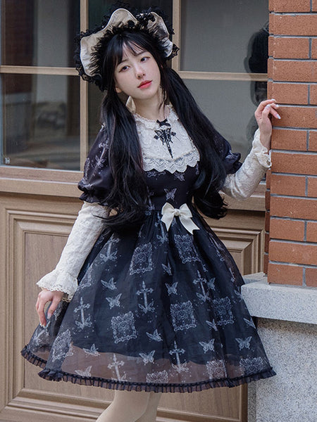 Gothic Lolita Dresses Bows Lace Butterfly Pattern Black Black