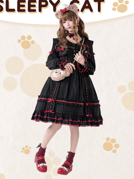 Gothic Lolita Dresses Bows Lace Color Block Black Black