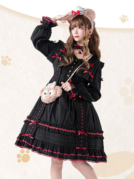 Gothic Lolita Dresses Bows Lace Color Block Black Black