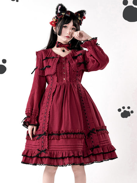 Gothic Lolita Dresses Bows Lace Color Block Black Black