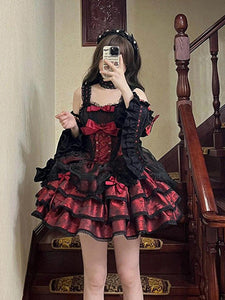 Gothic Lolita Dresses Bows Lace Up Jacquard Black Romance Gothic Lolita