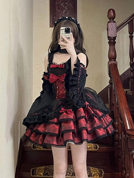 Gothic Lolita Dresses Bows Lace Up Jacquard Black Romance Gothic Lolita