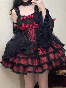 Gothic Lolita Dresses Bows Lace Up Jacquard Black Romance Gothic Lolita