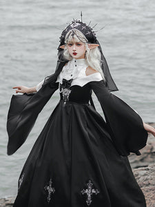 Gothic Lolita Dresses Bows Pearls Cross Black Black