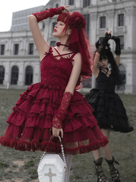 Gothic Lolita Dresses Bows Ruffles Burgundy