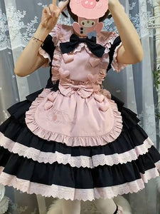 Gothic Lolita Dresses Bows Ruffles Color Block Black Black