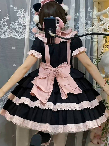 Gothic Lolita Dresses Bows Ruffles Color Block Black Black