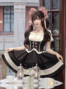 Gothic Lolita Dresses Bows Ruffles Color Block Black Black