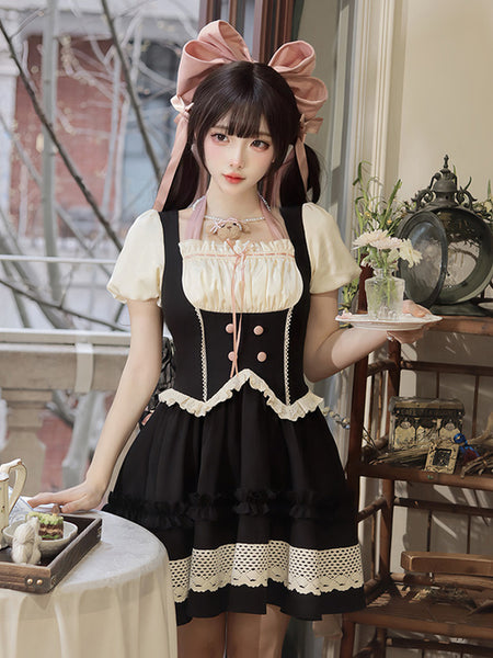 Gothic Lolita Dresses Bows Ruffles Color Block Black Black