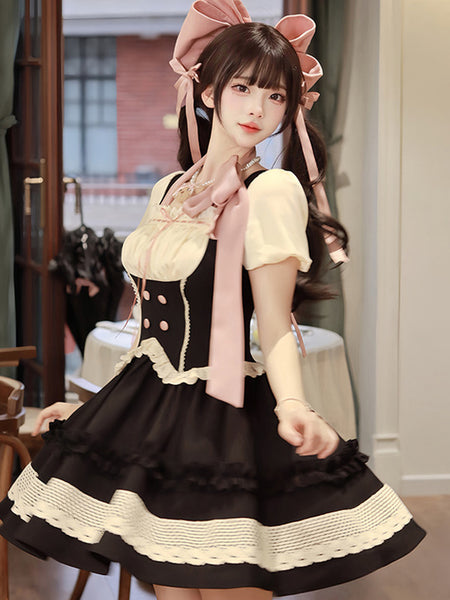 Gothic Lolita Dresses Bows Ruffles Color Block Black Black