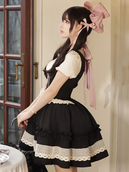 Gothic Lolita Dresses Bows Ruffles Color Block Black Black