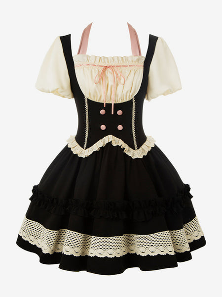 Gothic Lolita Dresses Bows Ruffles Color Block Black Black