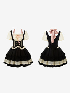 Gothic Lolita Dresses Bows Ruffles Color Block Black Black