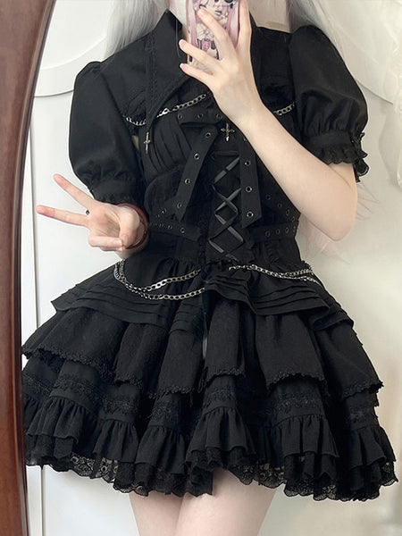 Gothic Lolita Dresses Chains Ruffles Cross Black Black