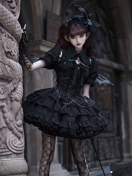 Gothic Lolita Dresses Chains Ruffles Cross Black Black