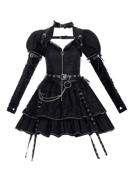 Gothic Lolita Dresses Grommets Ruffles Black