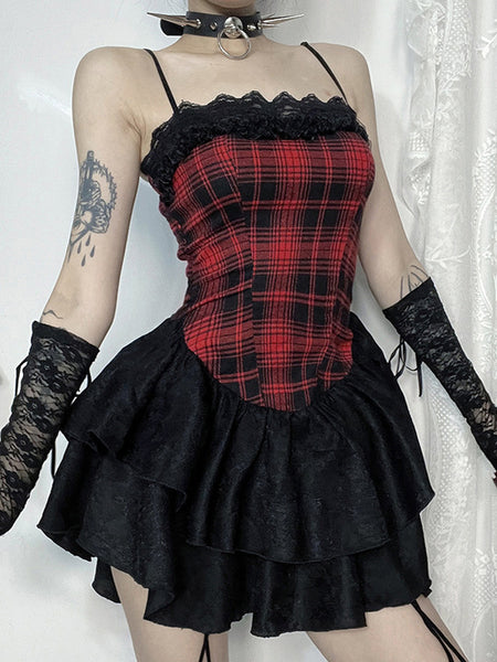 Gothic Lolita Dresses Lace Plaid Red Romance Gothic Lolita