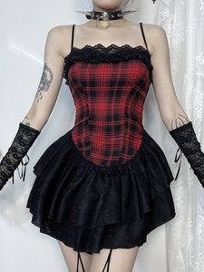 Gothic Lolita Dresses Lace Plaid Red Romance Gothic Lolita