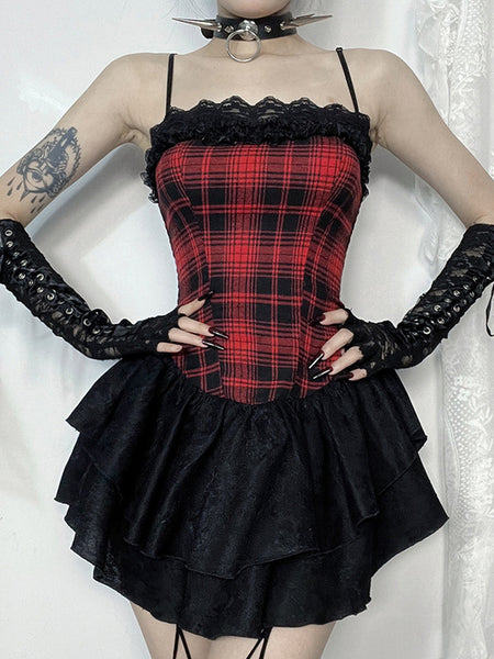 Gothic Lolita Dresses Lace Plaid Red Romance Gothic Lolita