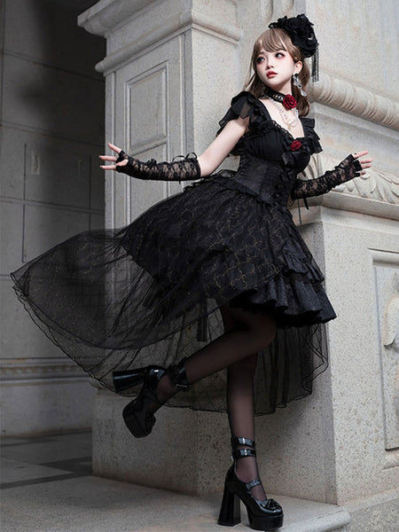 Gothic Lolita Dresses Lace Up Lace Jacquard Black