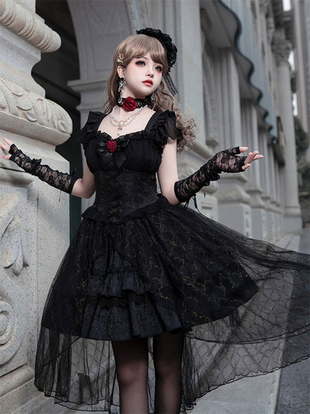 Gothic Lolita Dresses Lace Up Lace Jacquard Black