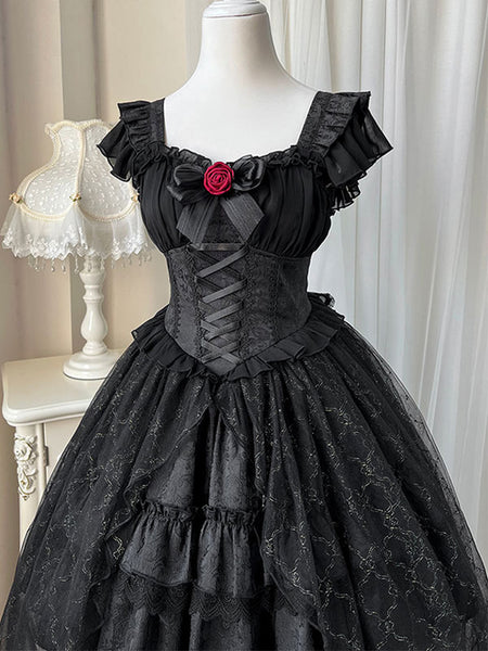 Gothic Lolita Dresses Lace Up Lace Jacquard Black