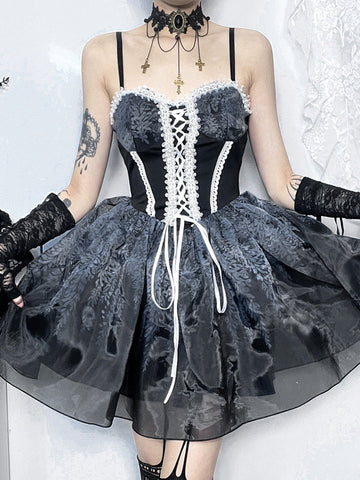 Gothic Lolita Dresses Lace Up Ruffles Black Black