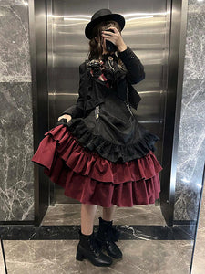 Gothic Lolita Dresses Lace Up Ruffles Color Block Black & Red Romance Gothic