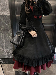 Gothic Lolita Dresses Lace Up Ruffles Color Block Black & Red Romance Gothic