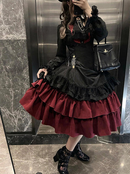 Gothic Lolita Dresses Lace Up Ruffles Color Block Black & Red Romance Gothic