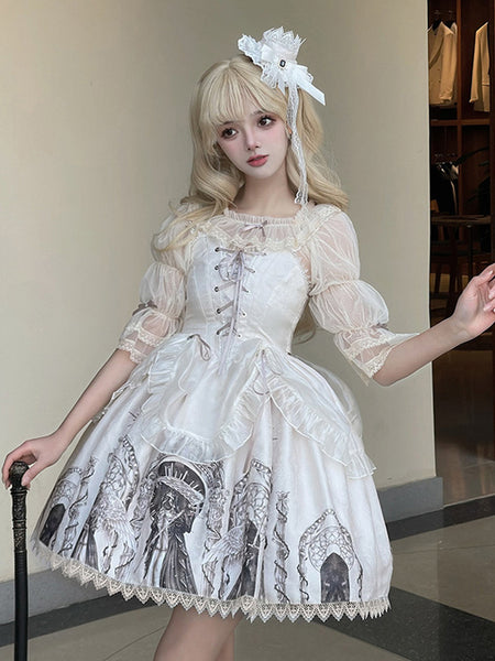 Gothic Lolita Dresses Lace Up Ruffles Floral Print Black Apricot Romance Gothic Lolita