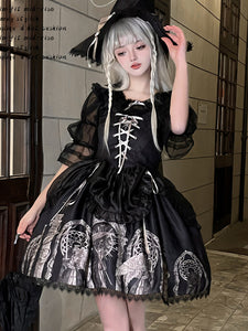 Gothic Lolita Dresses Lace Up Ruffles Floral Print Black Apricot Romance Gothic Lolita