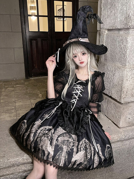 Gothic Lolita Dresses Lace Up Ruffles Floral Print Black Apricot Romance Gothic Lolita