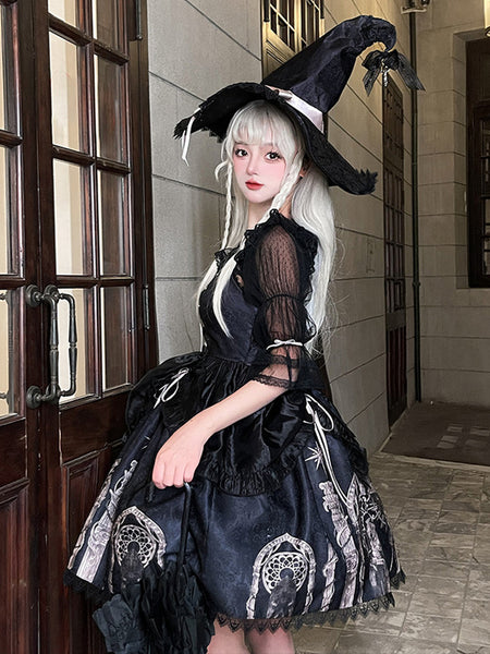 Gothic Lolita Dresses Lace Up Ruffles Floral Print Black Apricot Romance Gothic Lolita